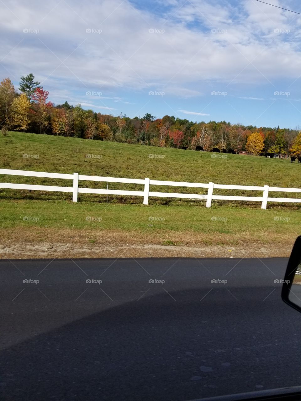 A beautiful fall landscape behind a white fence