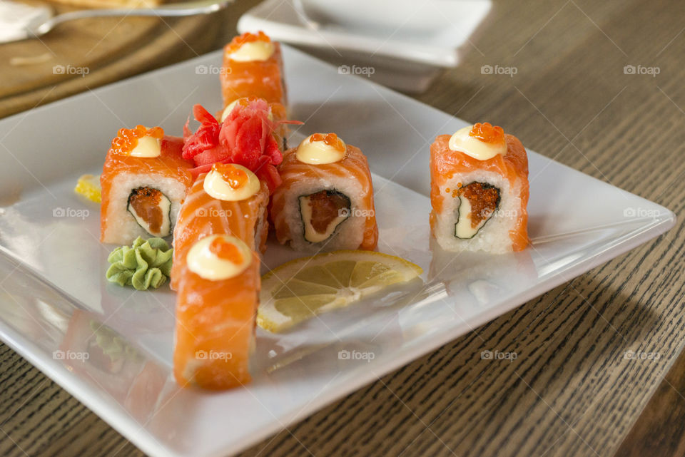 Sushi plate on table