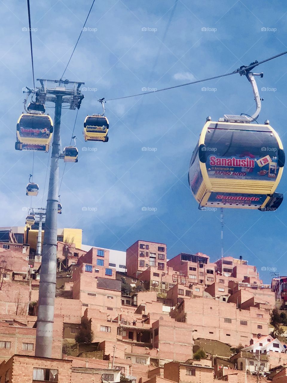 Cable cars in La Paz, Bolivia on a sunny day. 