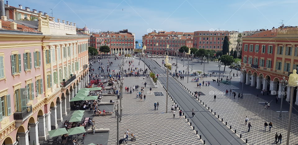 Aerial view of the Place Massena in Nice, France.