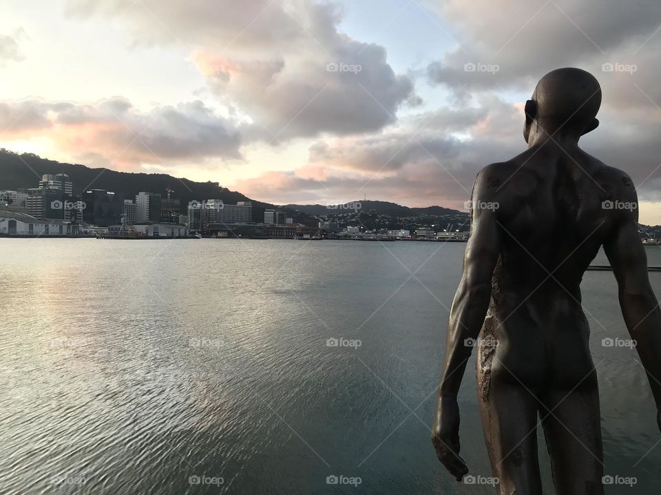 Statue of a man at side of Wellington Harbour around sunset