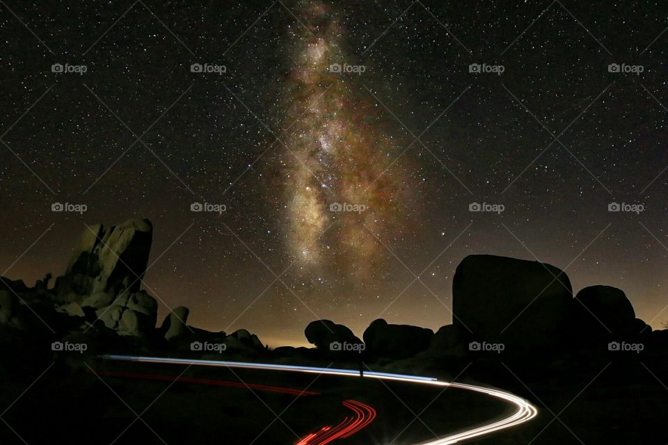 Milky way  in Joshua Tree with light trails