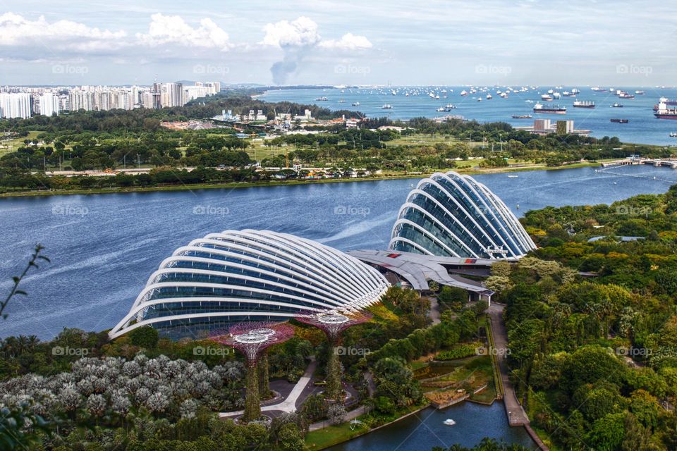 Singapore Gardens by the Bay panorama with water in the background.