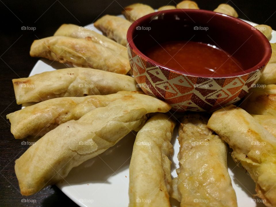 Lumpia: fried meaty Filipino meat egg rolls. Although these were baked!