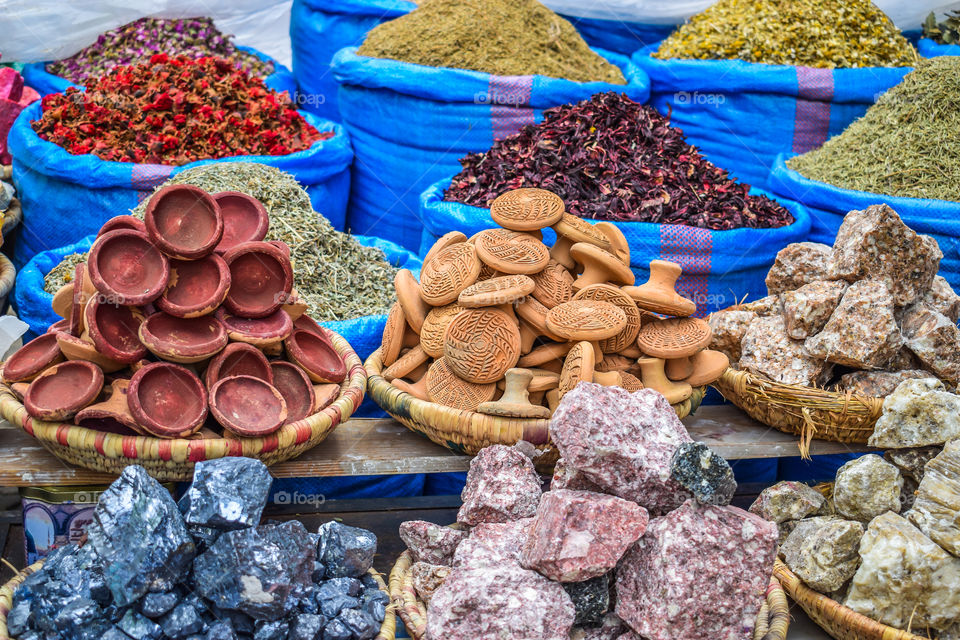 Spices and herbs on a moroccan market