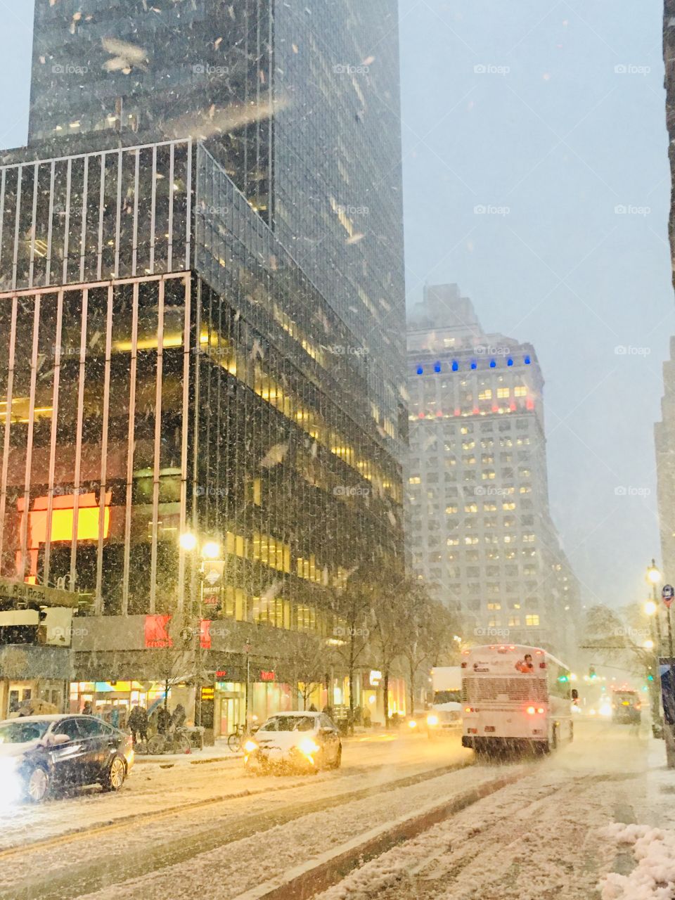 Looking down a New York City street in the middle of a bad snowstorm 
