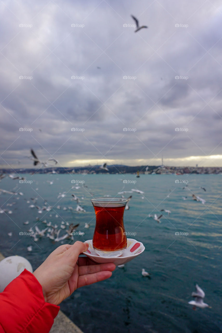 Female hand holding cup of Turkish tea against sea abs seagulls