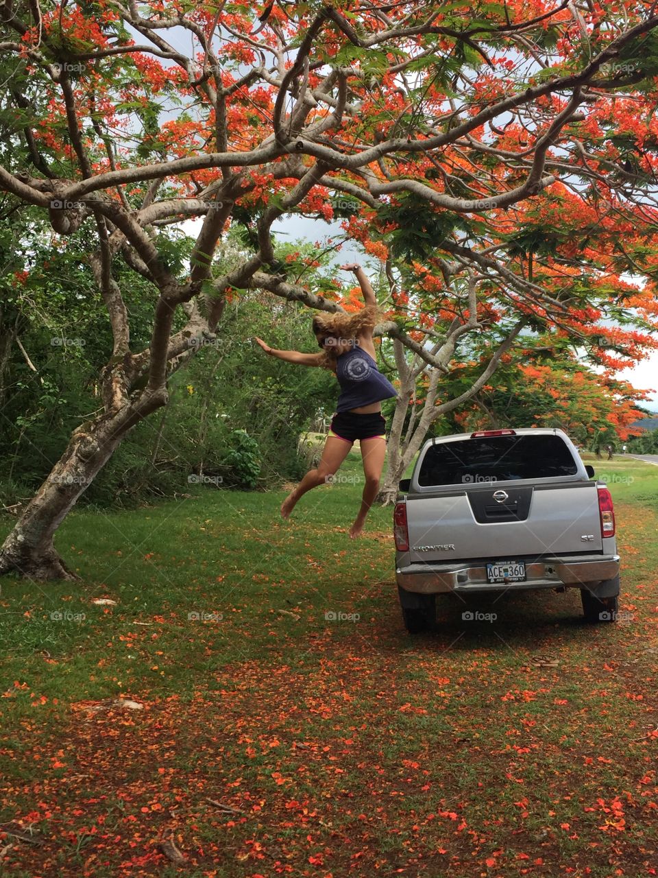 Girl jumping off the back of a truck, framed by flame trees. Taken in Saipan on the road leading up to Suicide Cliff