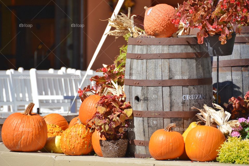 Pumpkins with wooden container