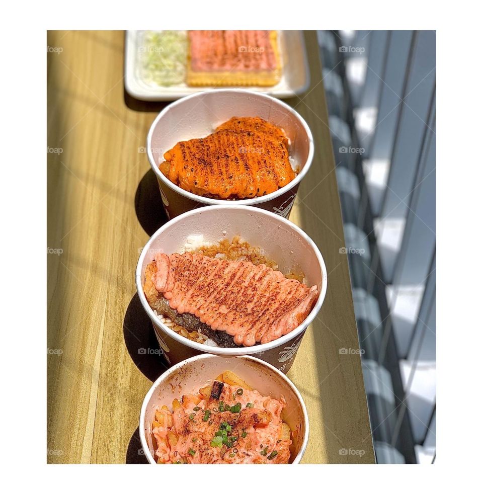 Mentaiko feast with salmon, spicy chicken, tamago and fries 