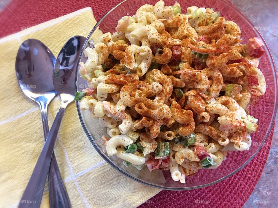 Elevated view of macaroni pasta in bowl