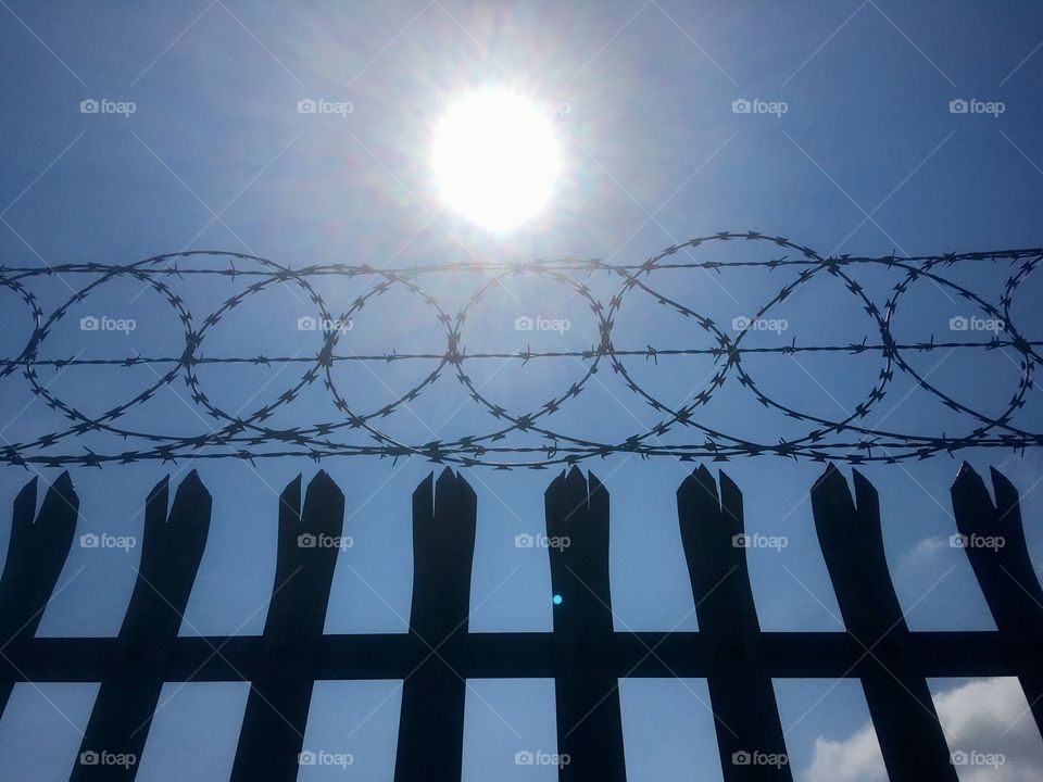 Metal and barbed wire fencing and sun, at Tunnel Avenue, Greenwich Peninsula 