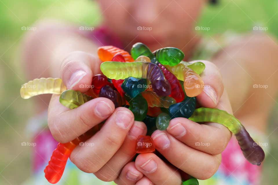A handful of gummi worms