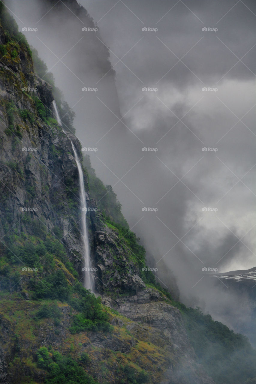 Waterfall, Nærøyfjord, Norway. The mist and fog creates a wonderful setting for Norway's waterfalls.