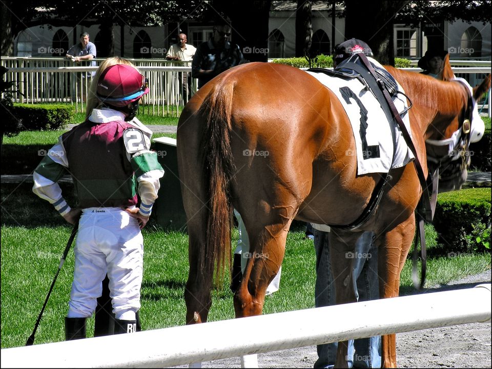 That's My Horse. Trainer and jockey admiring their chestnut horse in the Belmont Paddock. 
Zazzle.com/Fleetphoto 