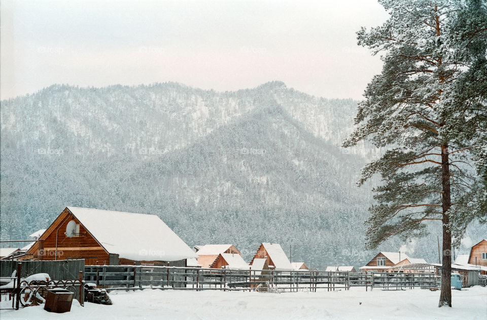 Majestic mountains covered with snow. Shot on film 