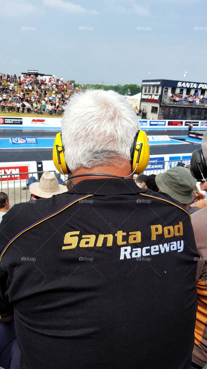 man with ear defenders at Santa Pod raceway
