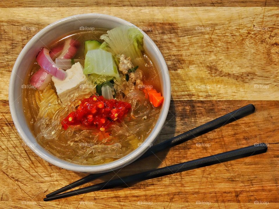 Savory bowl of ramen noodle soup