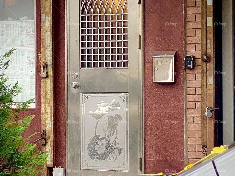 An urban detail from „Clinton Hill“, Bklyn: This unique combination of old & new includes beautiful artful ornaments etched into the silver metal front door of not only eclectic but also nostalgic & veritable works of art. 2022. Hypnotic Productions