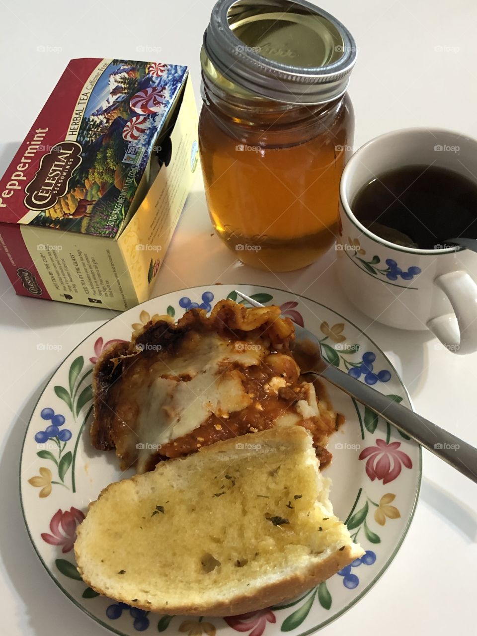 Lasagna meal and peppermint honey tea