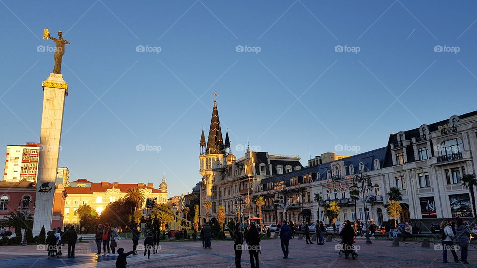 sunset in the town square