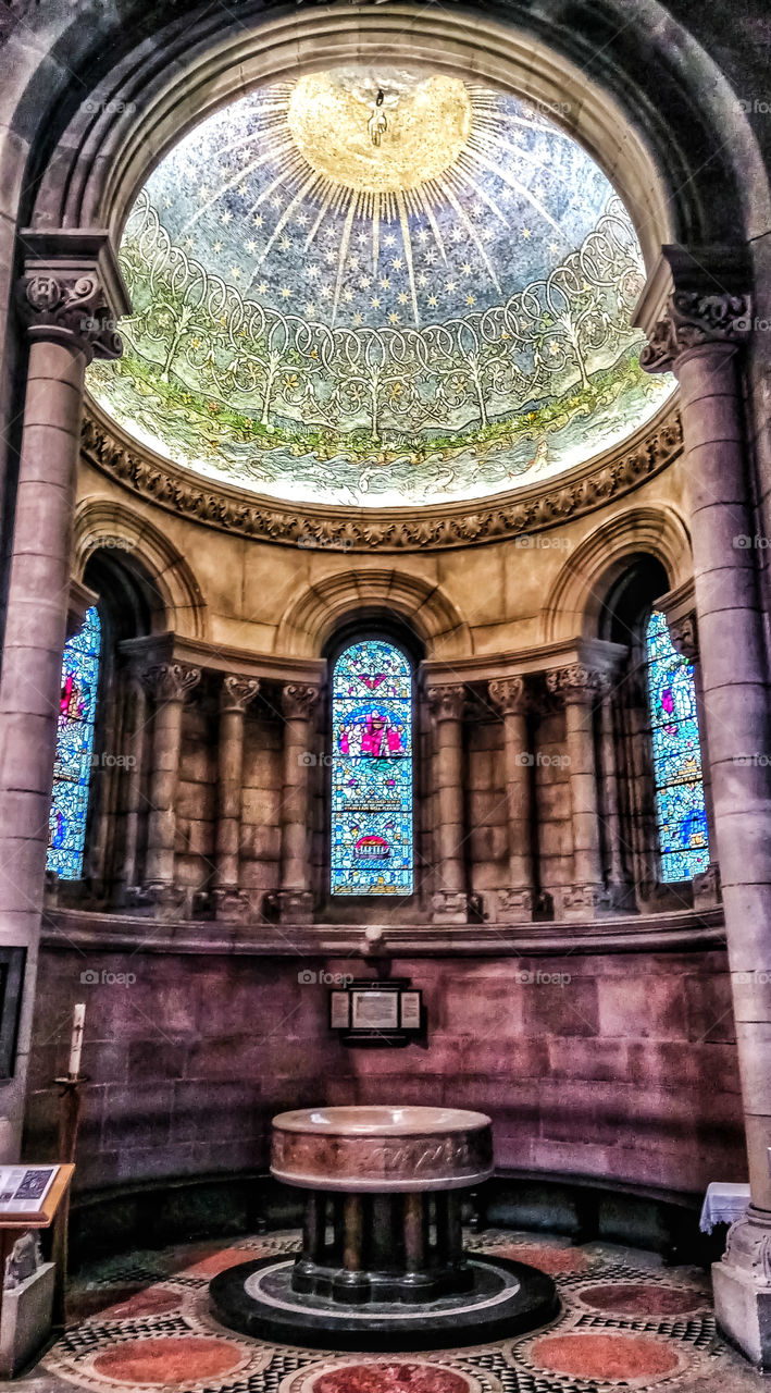 Inside St Anne's Cathedral,the impressive baptistery and detailed mosaic in Belfast