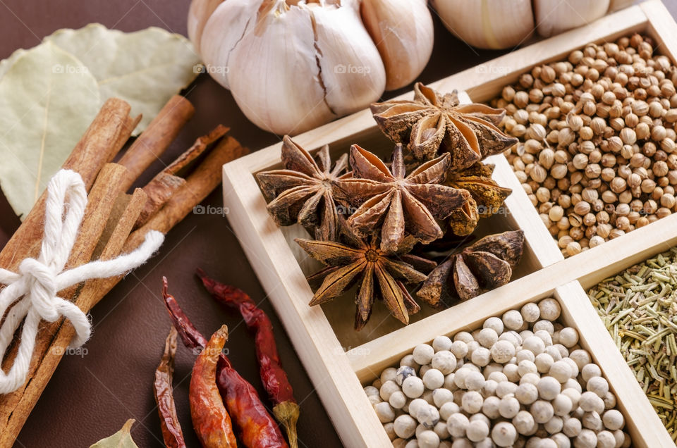 Cooking ingredients in a wooden box 