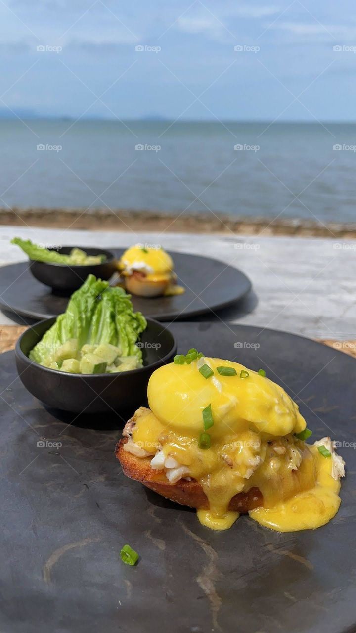 Breakfast Eggs Benedict at resort by the beach at Krong Kaeb Kep Province Cambodia