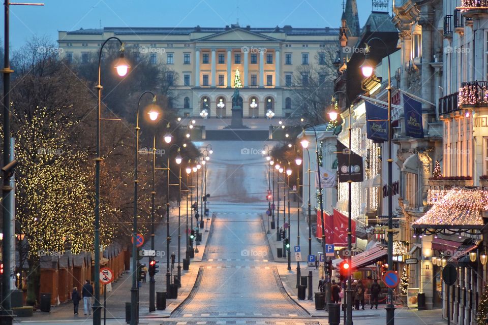 Oslo Royal Castle in December, with Christmas lights