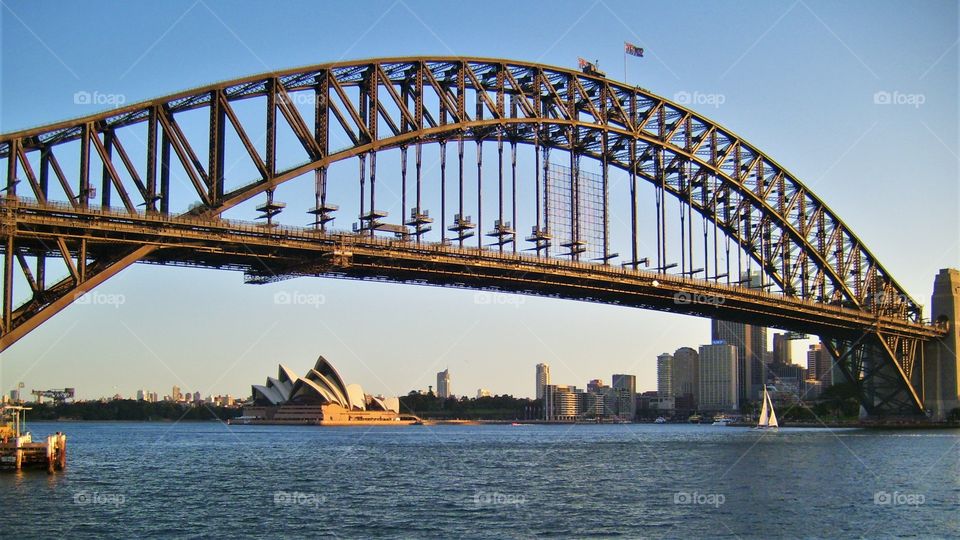 Sydney Harbour Bridge and Opera House at sunset