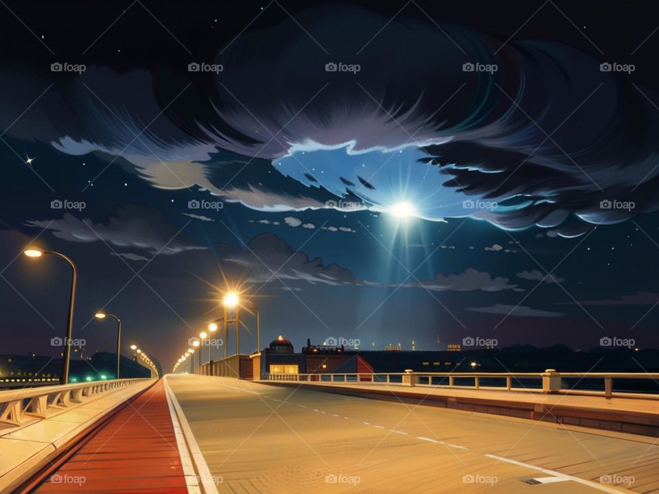 Light shines from the sky onto the road.