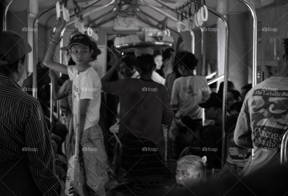 Rangoon/Myanmar-April 14 2019:Crowd people on the train