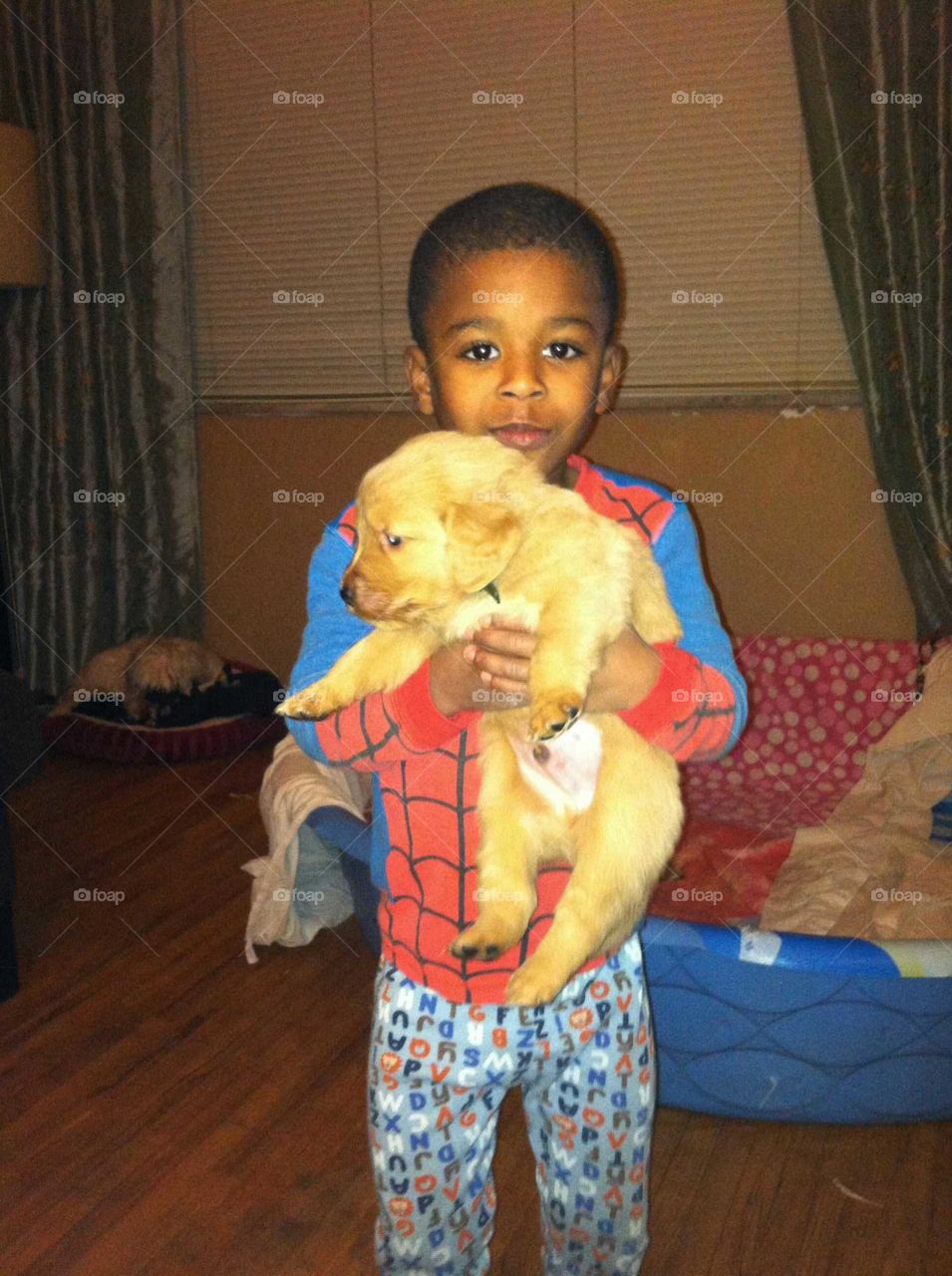 African American Boy dressed like Spider-Man holding a puppy