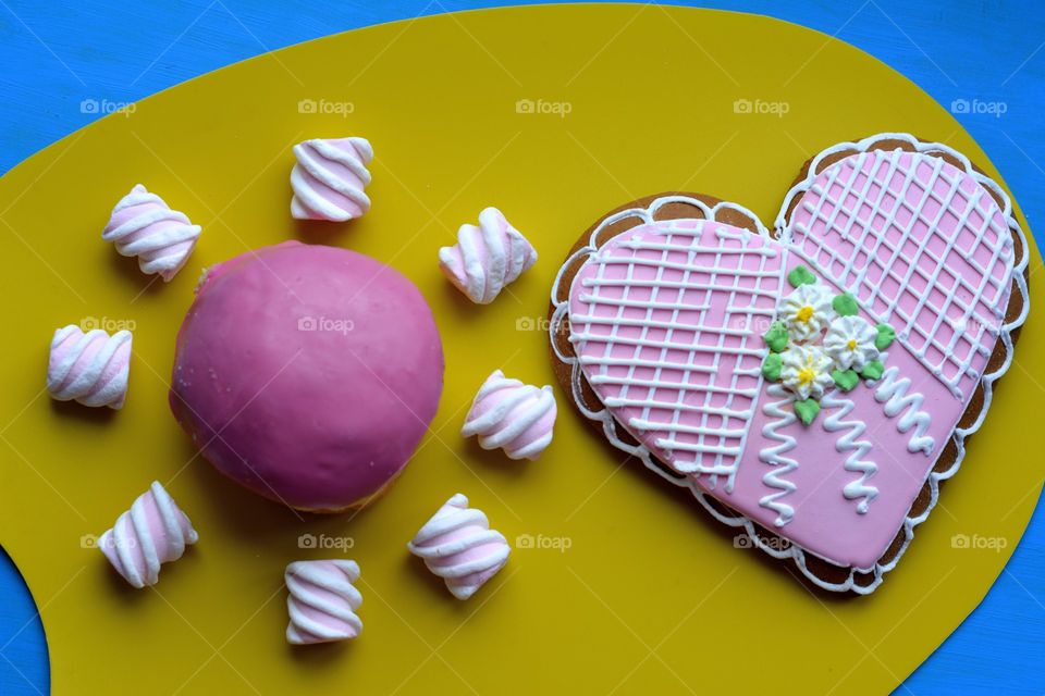 tasty sweets food art top view table background