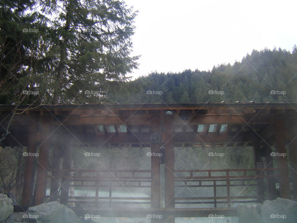 steam over harrison hot springs pool bridge