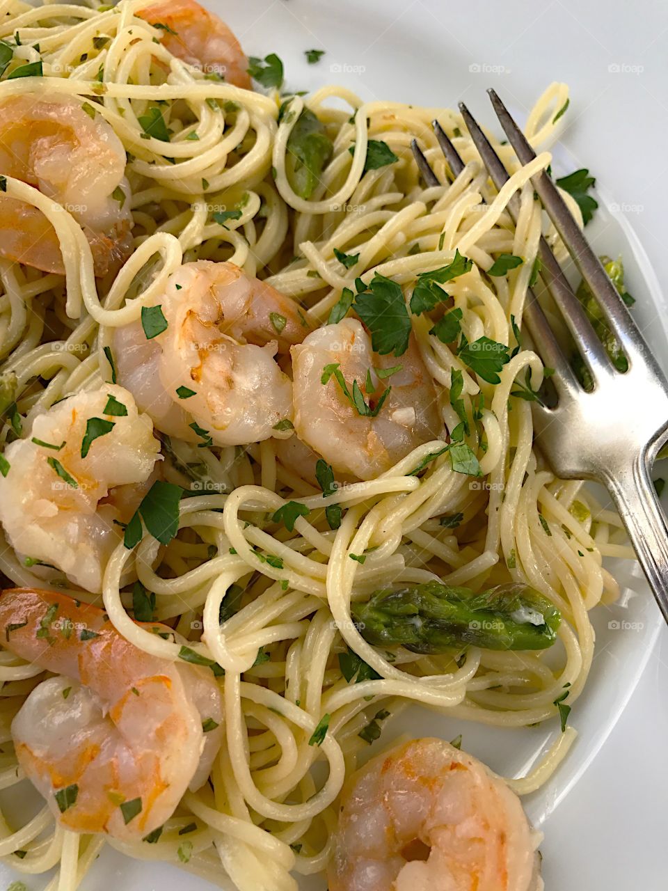 Overhead of pasta with shrimp