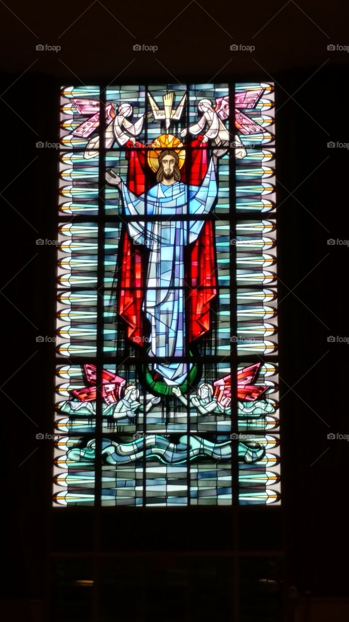 Concordia University chapel, stained glass window showing Jesus and four angels, Wisconsin