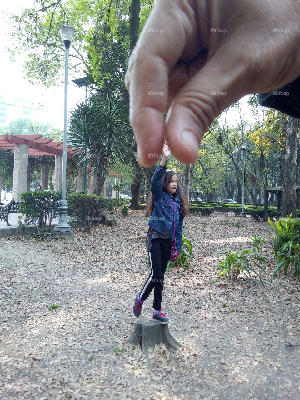 foto de niña escenificado una mano que la levanta de un tronco en un parque. fondo de plantas y estructura