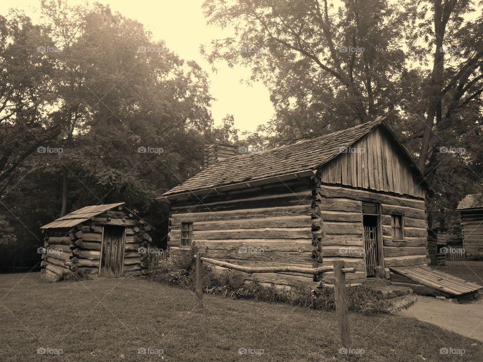 log cabin, sepia