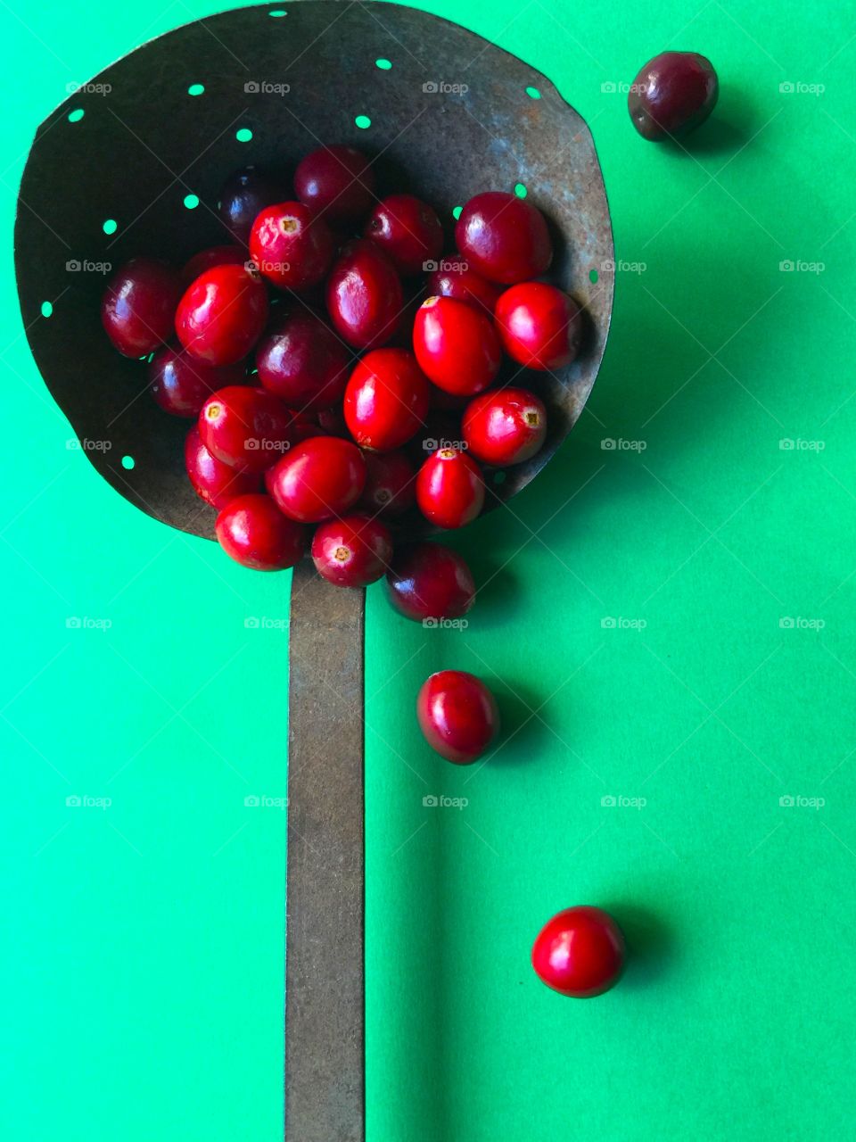 Old skimming ladle with fresh cranberries