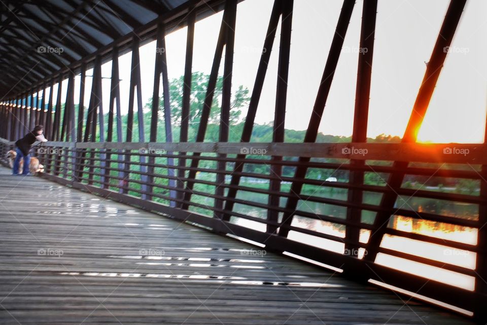 Sunset on the footbridge. A dog in its owner watch the sunset along the wooden footbridge underneath iron beams