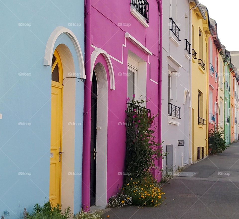 Terraced houses in different bright colors in Brest France.