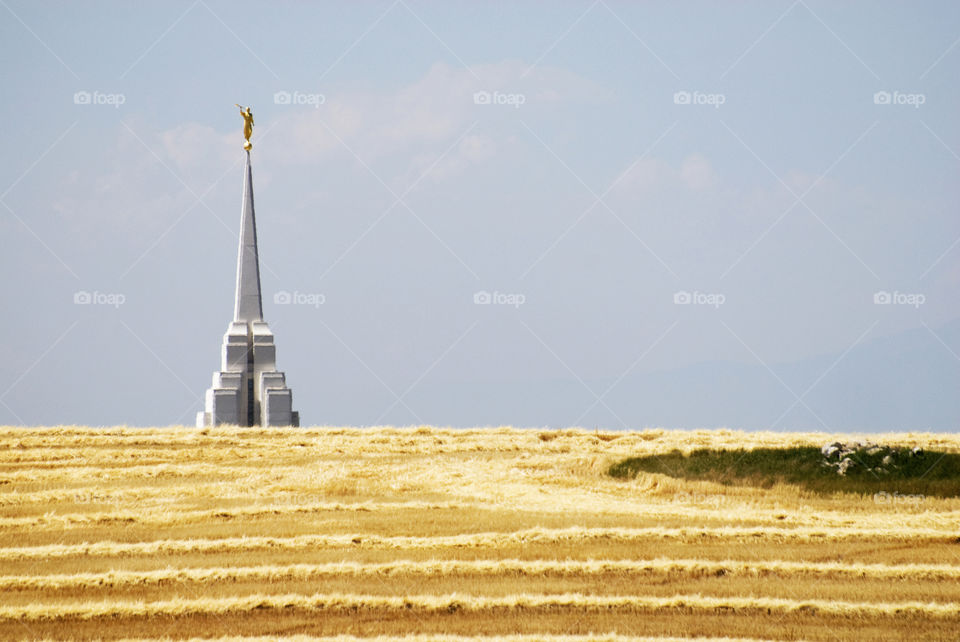 Rexburg Idaho LDS Temple spire peaking over the yellow open fields