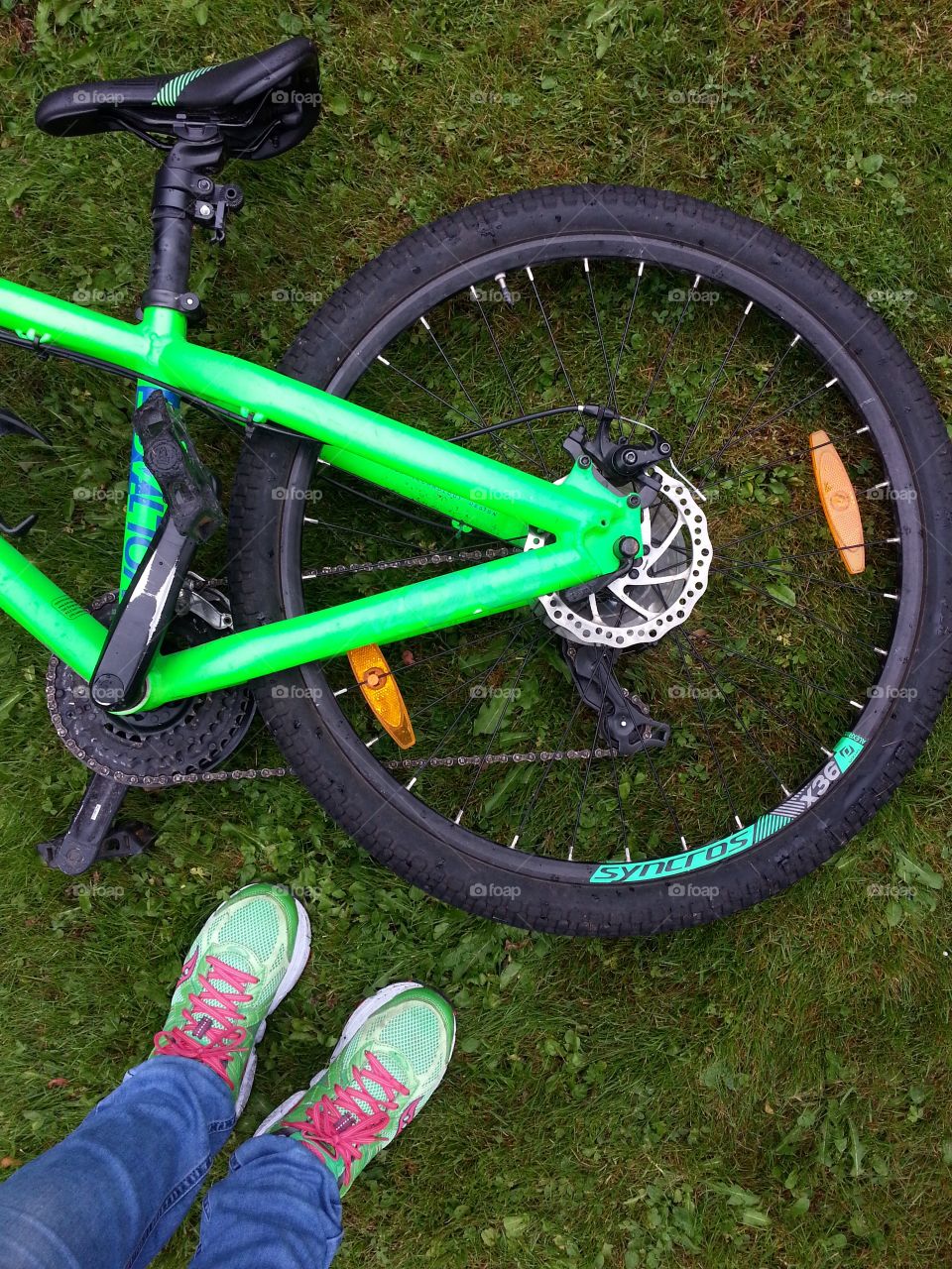 Photo taken with my jogging shoes and my sons bike. Both have a lovely green color.