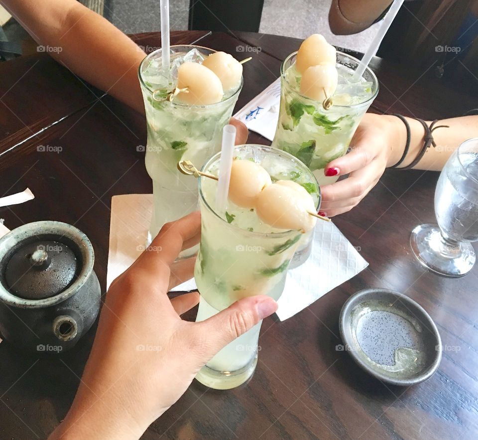 Girls day: enjoying Lychee mojitos in a Japanese restaurant in NYC