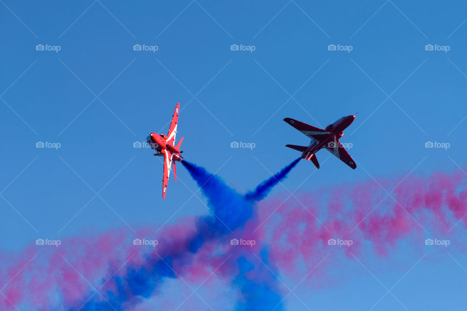 Helsinki, Finland - 9 June 2017: Red Arrows (The Royal Air Force Aerobatic Team) flying aerobatics at the Kaivopuisto Air Show in Helsinki, Finland on 9 June 2017.