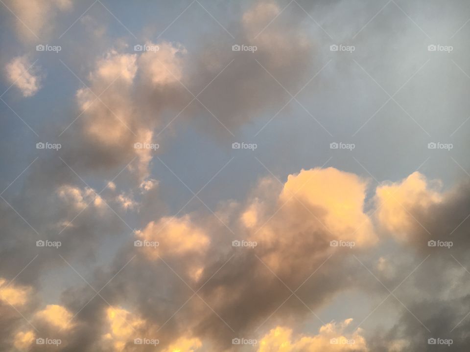 Blue-grey sky with golden-lit clouds. 