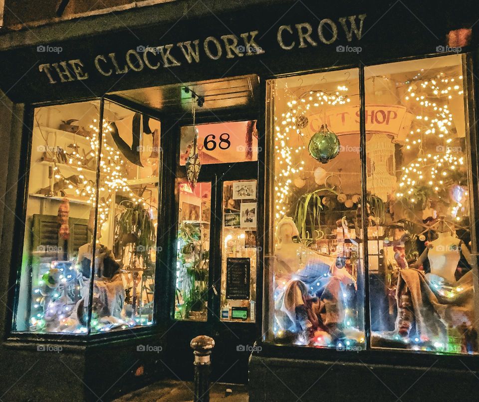 The Clockwork Crow gift shop, decorated with fairy lights 