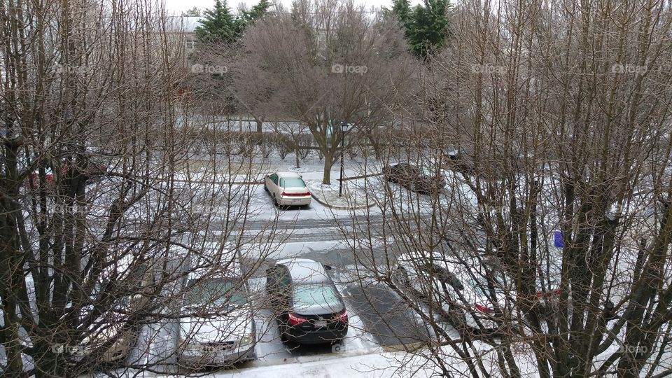 Snow, parking lot