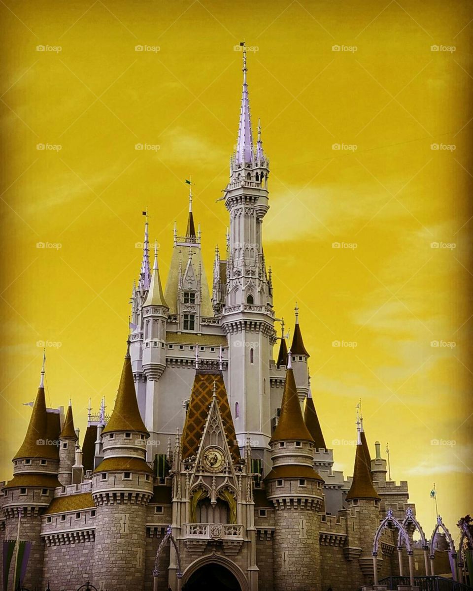 Iconic Cinderella Castle is the symbol of Magic Kingdom park in Walt Disney World